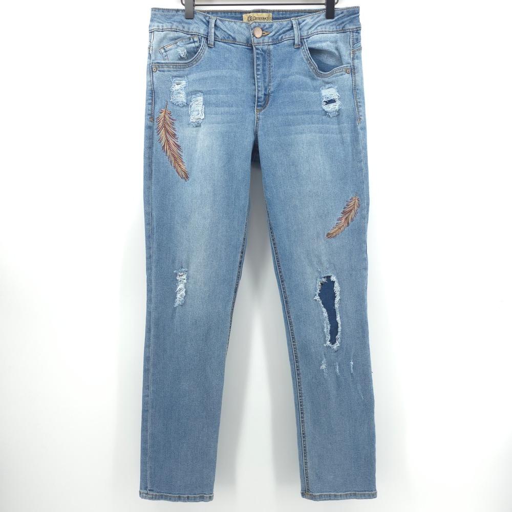 Democracy Women Jeans Girlfriend 12 Blue Embroidered Feather Distressed